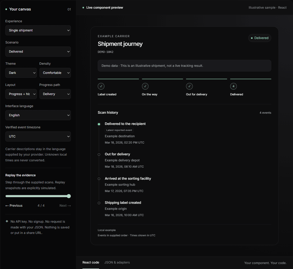 The actual Trace UI builder with fictional shipment progress, scan history and display controls